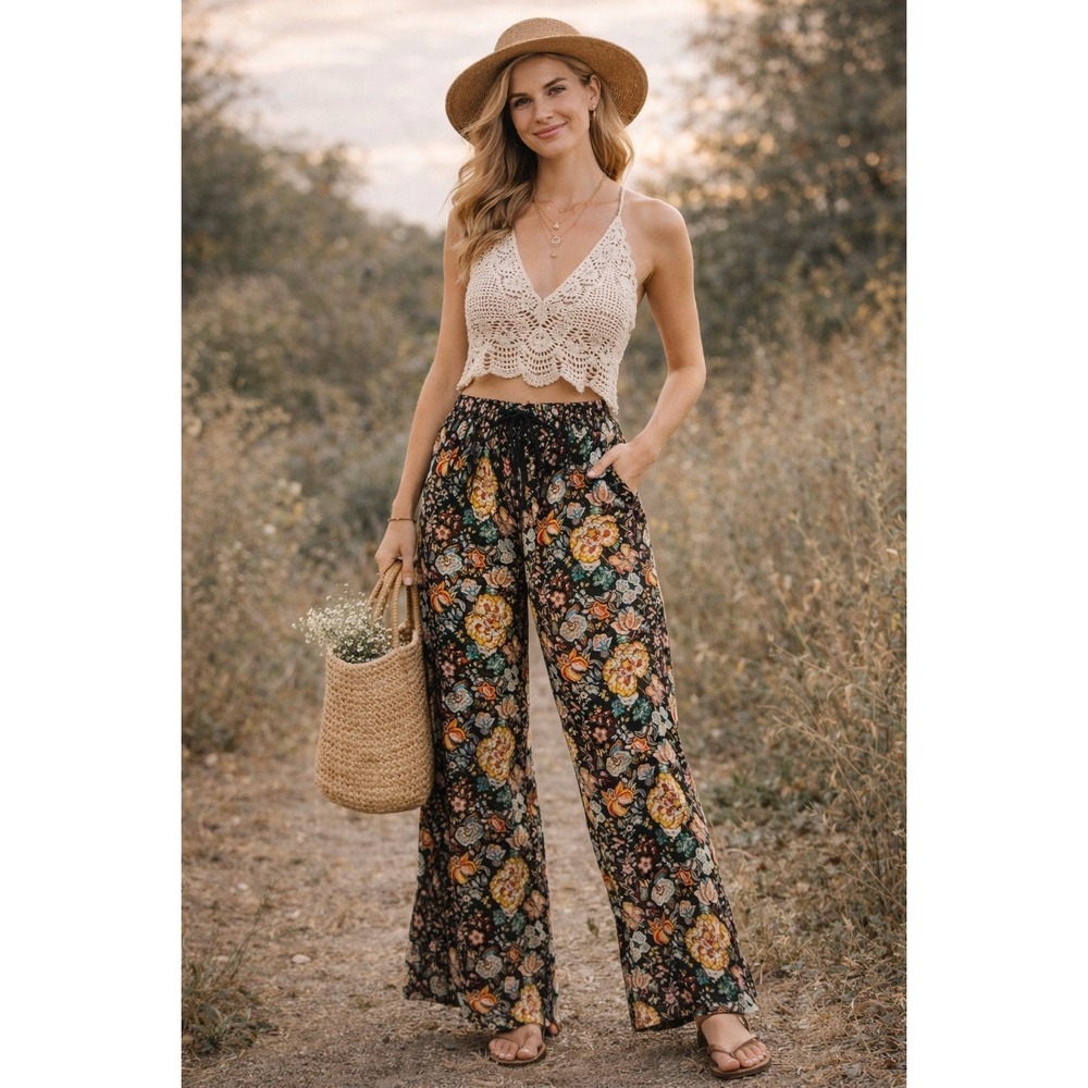 Frame Denim Black Floral Wide-Leg Pants